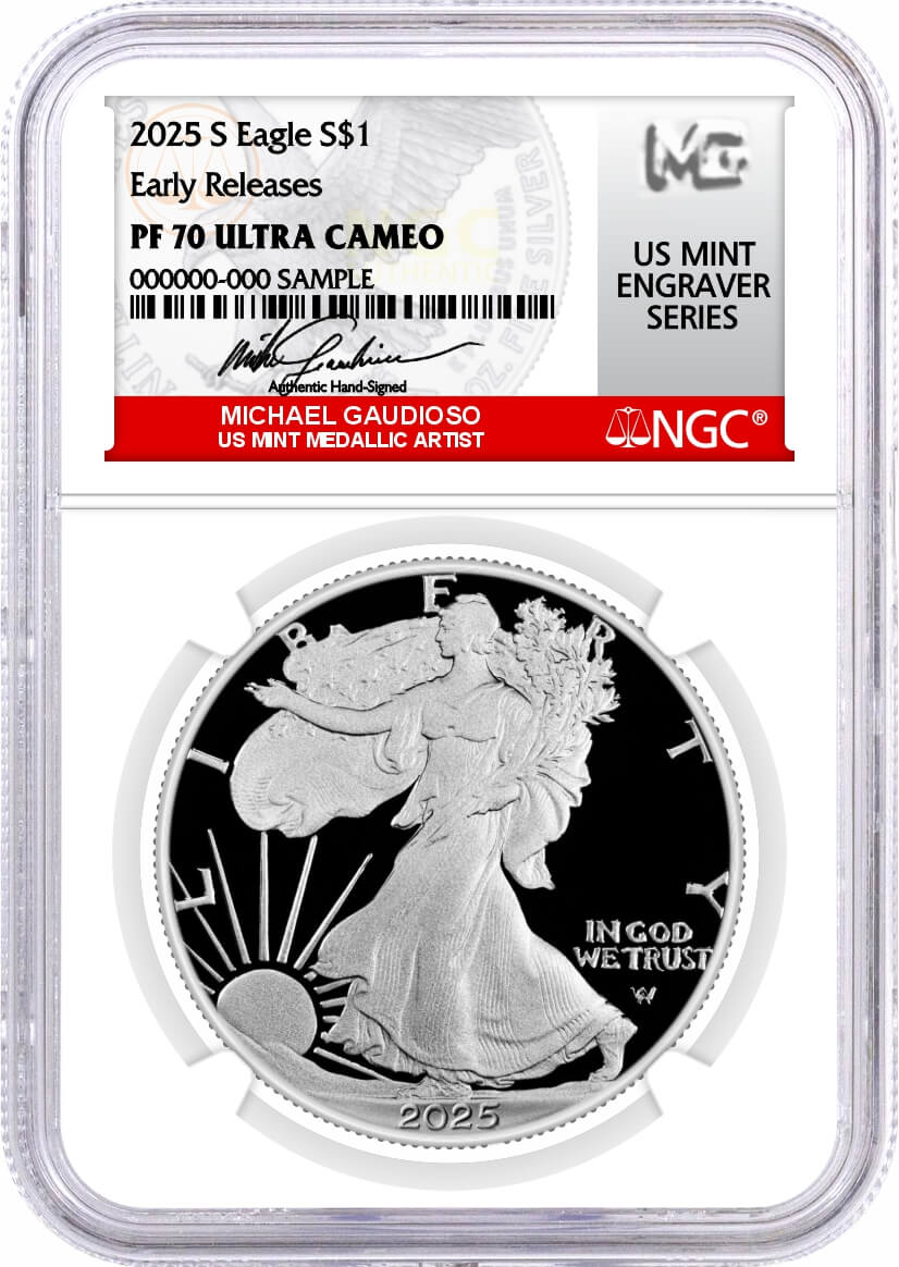 2025 S $1 1oz Proof Silver Eagle NGC PF70 UCAM Early Releases Gaudioso Signed US Mint Engraver Series