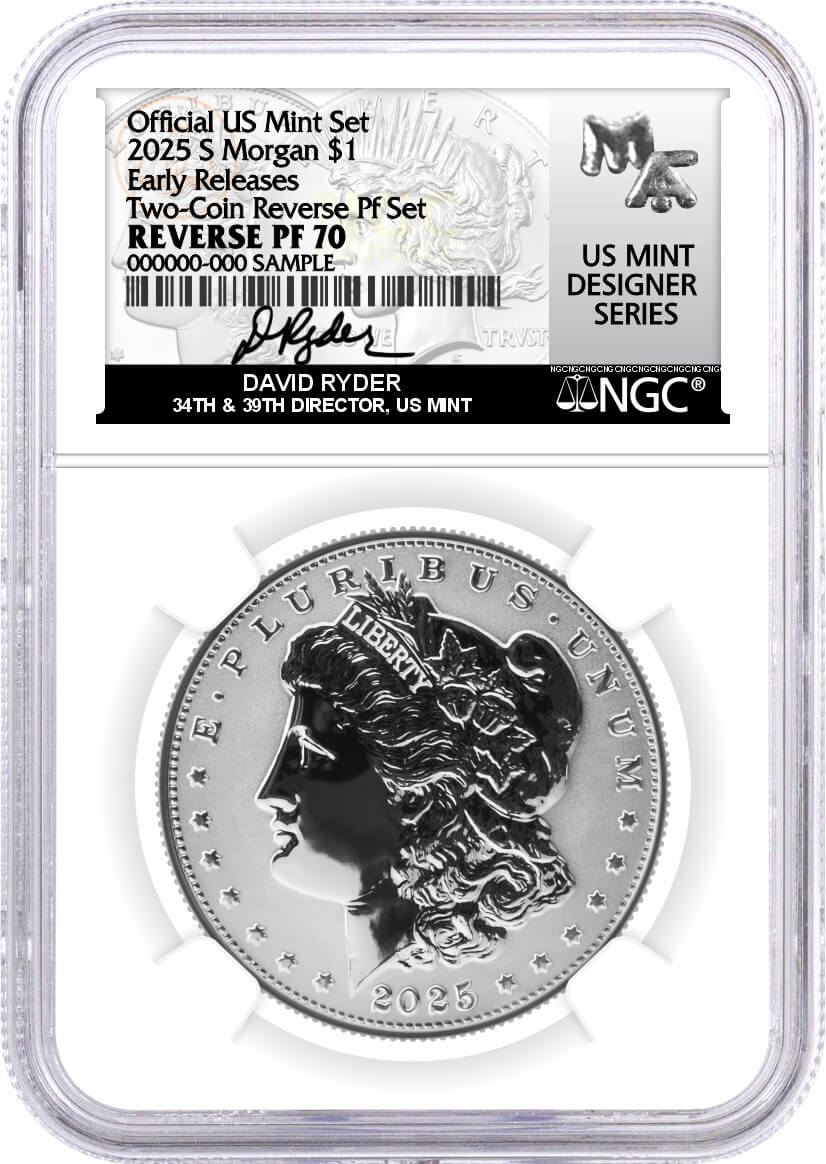 2025 S $1 Reverse Proof Silver Morgan Dollar and Peace Dollar 2-Coin Set NGC Reverse PF70 Early Releases Ryder Signed US Mint Designer Series