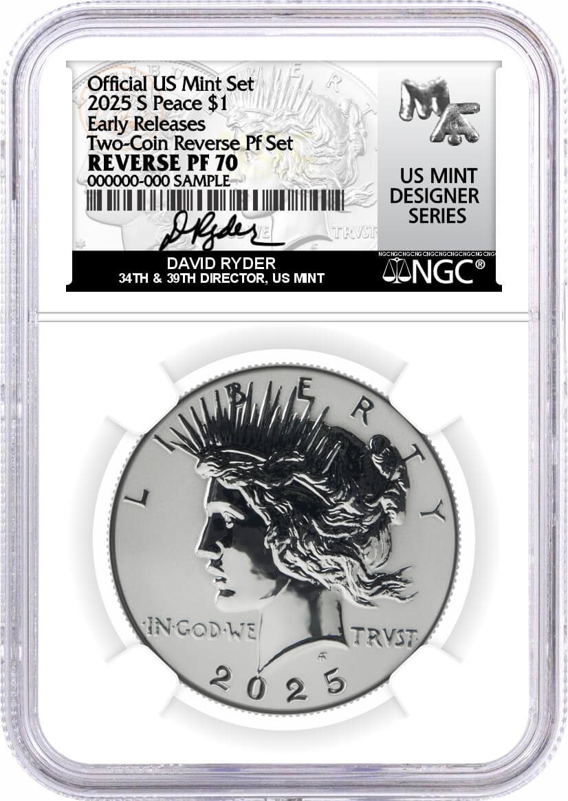 2025 S $1 Reverse Proof Silver Morgan Dollar and Peace Dollar 2-Coin Set NGC Reverse PF70 Early Releases Ryder Signed US Mint Designer Series