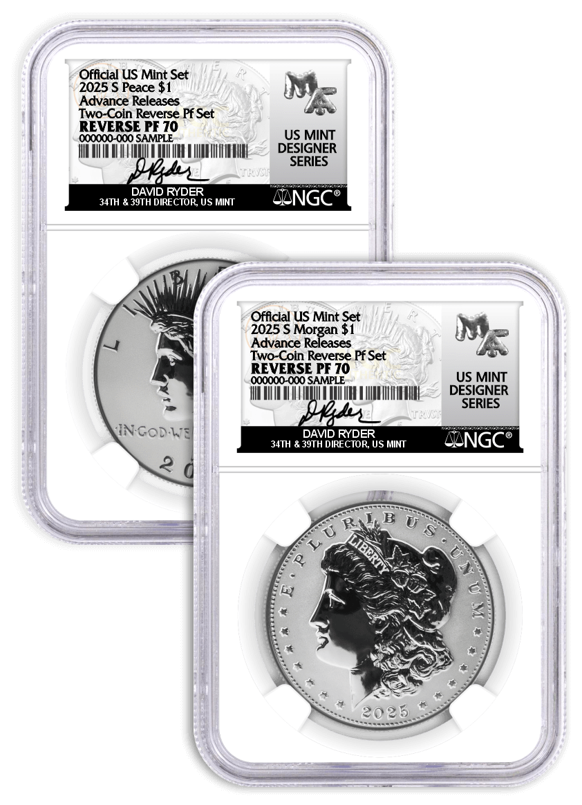 2025 S $1 Reverse Proof Silver Morgan Dollar and Peace Dollar 2-Coin Set NGC Reverse PF70 Advance Releases Ryder Signed US Mint Designer Series