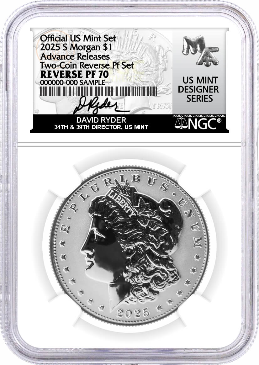 2025 S $1 Reverse Proof Silver Morgan Dollar and Peace Dollar 2-Coin Set NGC Reverse PF70 Advance Releases Ryder Signed US Mint Designer Series