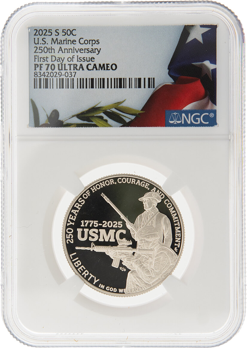 2025 S 50c Clad U.S. Marine Corps 250th Anniversary NGC PF70 UCAM First Day of Issue American Liberty Flag Label