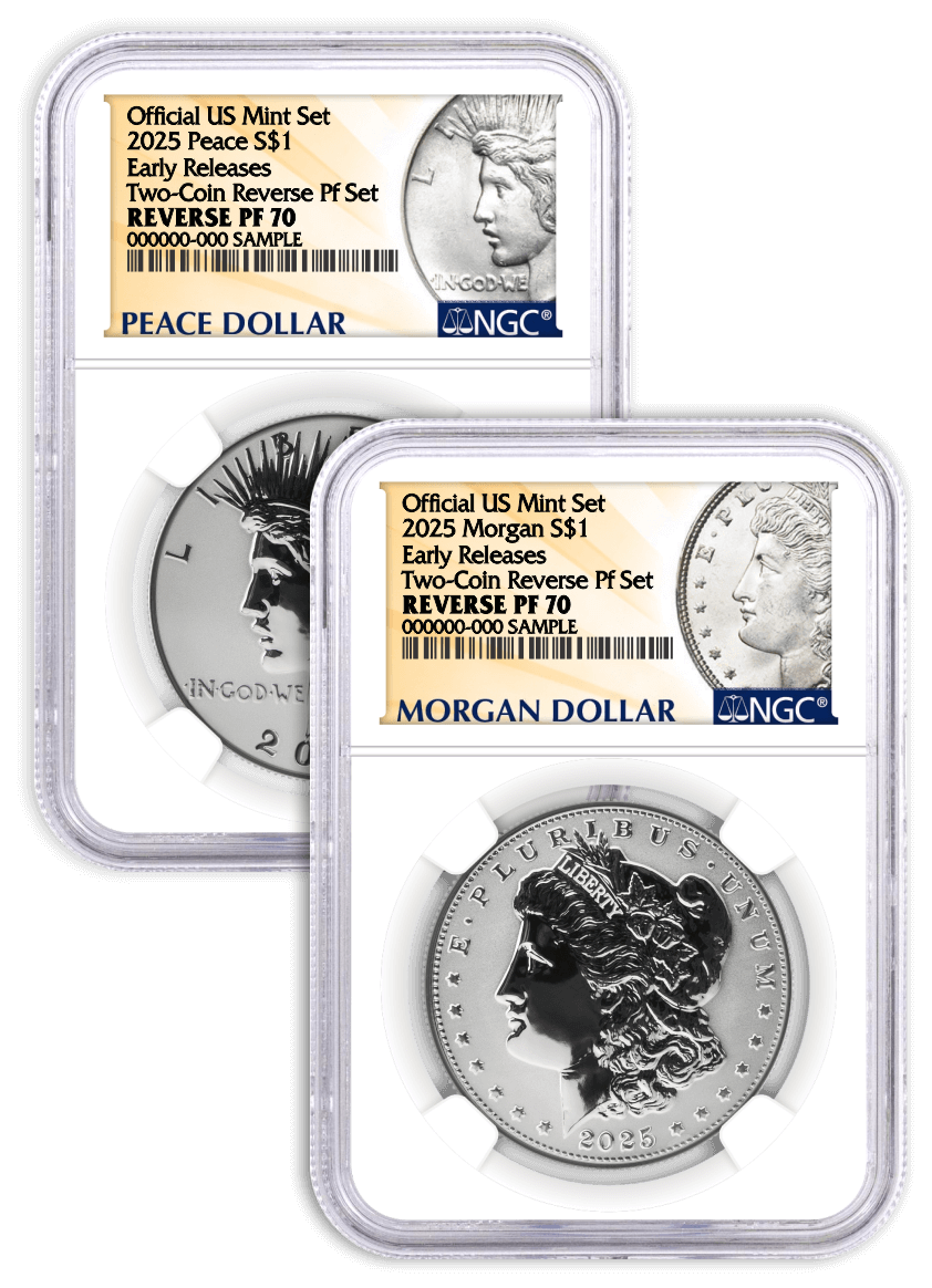 2025 S $1 Reverse Proof Silver Morgan Dollar and Peace Dollar 2-Coin Set NGC Reverse PF70 Early Releases Design Label