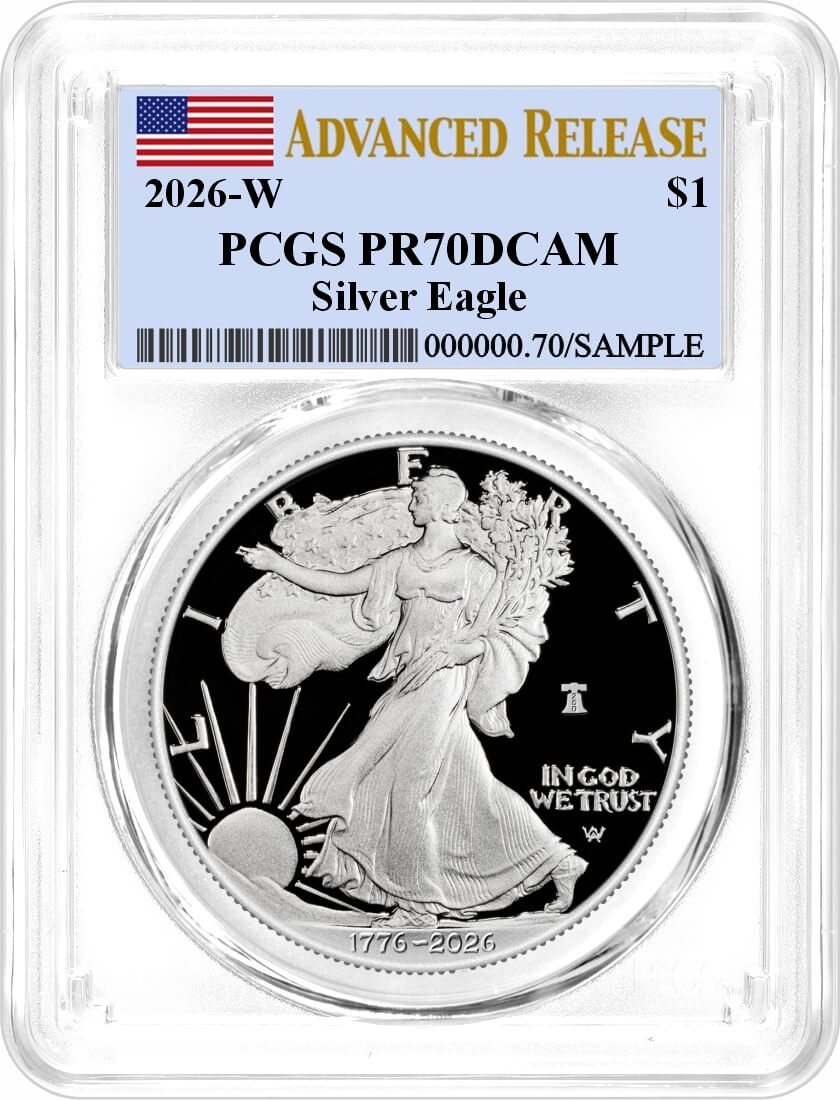 1776-2026 W $1 1 oz 250th Anniversary Liberty Bell Privy Proof Silver Eagle PCGS PR70 DCAM Advanced Release Flag Label