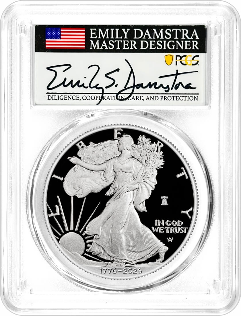 1776-2026 W $1 1 oz 250th Anniversary Liberty Bell Privy Proof Silver Eagle PCGS PR70 DCAM First Day of Issue Damstra Signed Flag Label
