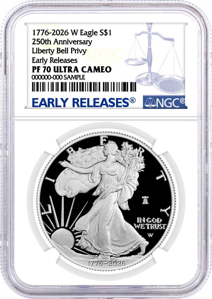 1776-2026 W $1 1 oz 250th Anniversary Liberty Bell Privy Proof Silver Eagle NGC PF70 Ultra Cameo Early Releases Blue Label