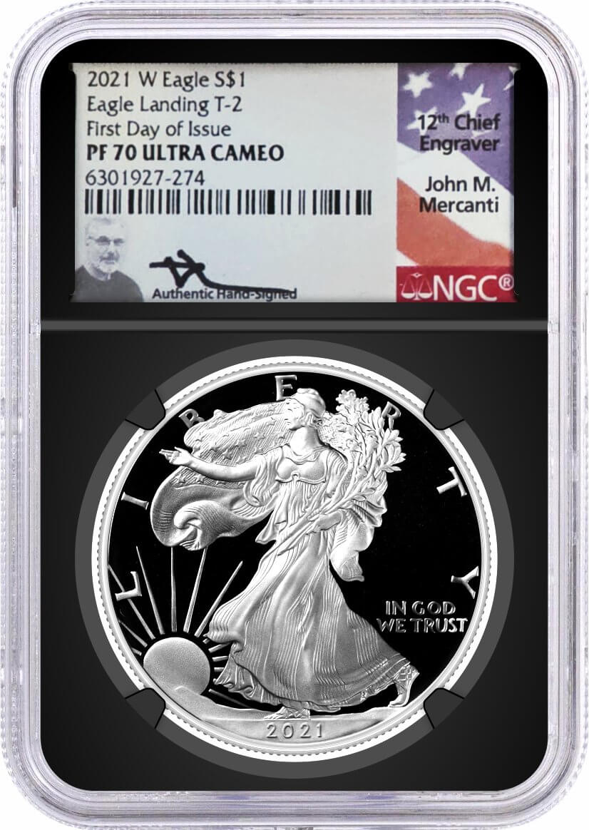 2021 W $1 1 oz Proof Silver Eagle Type 2 NGC PF70 UCAM First Day of Issue Mercanti Signed Black Core