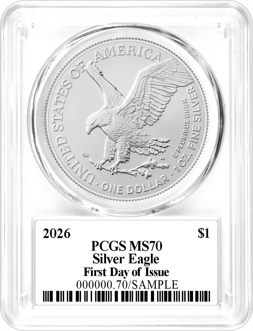 2026 $1 Silver Eagle PCGS MS70 First Day of Issue Damstra Signed Flag Label