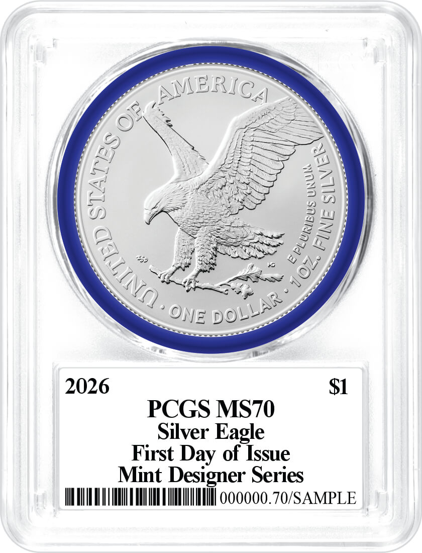 2026 $1 1 oz Silver Eagle PCGS MS70 First Day of Issue Damstra Signed Mint Designer Series