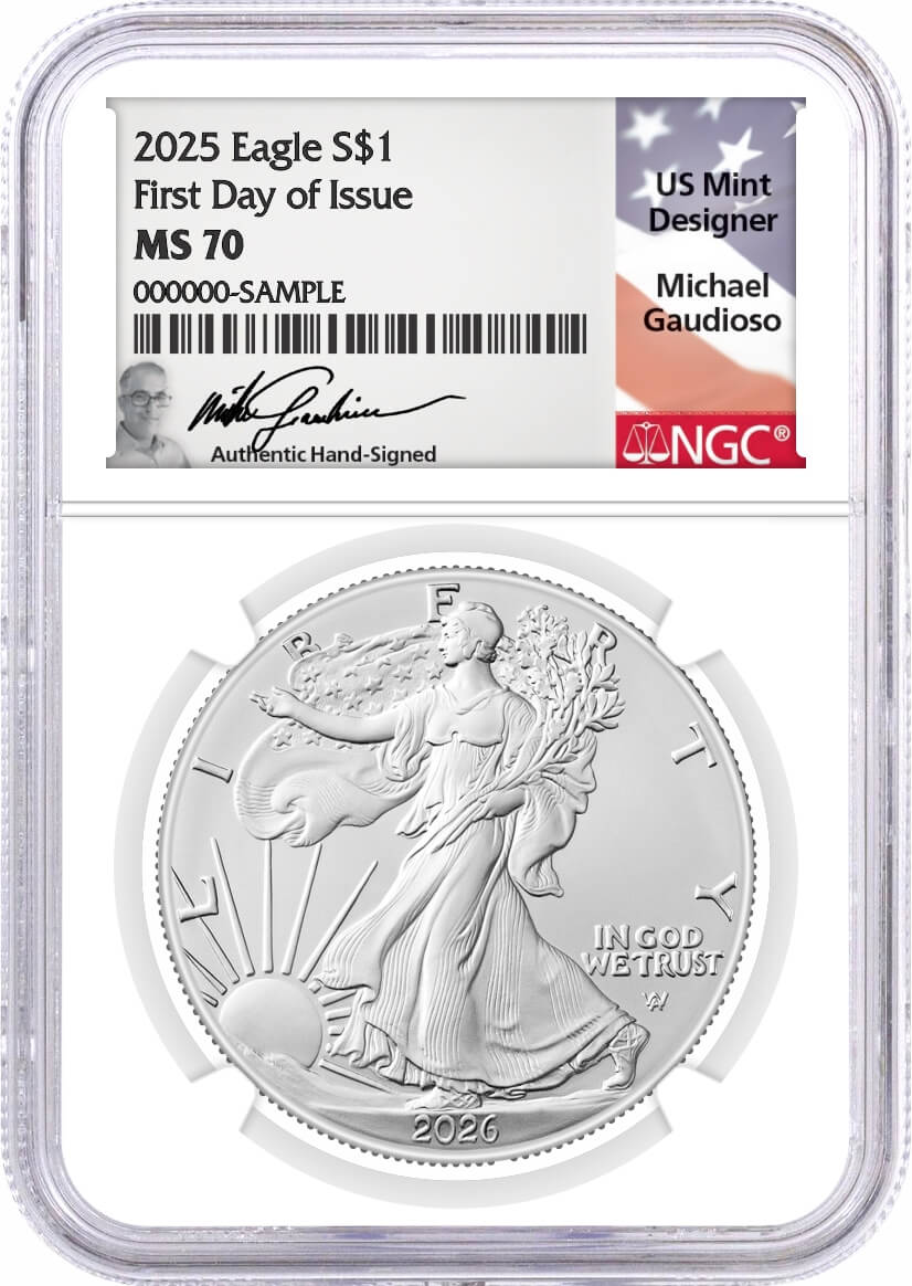 2026 $1 Silver Eagle NGC MS70 First Day of Issue Gaudioso Signed Flag Label