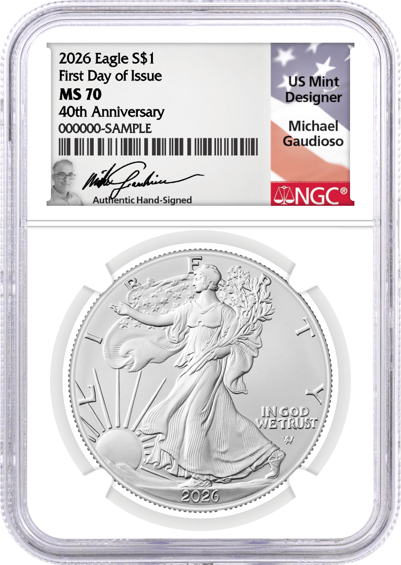 2026 $1 1 oz Silver Eagle NGC MS70 First Day of Issue Gaudioso Signed Flag Label