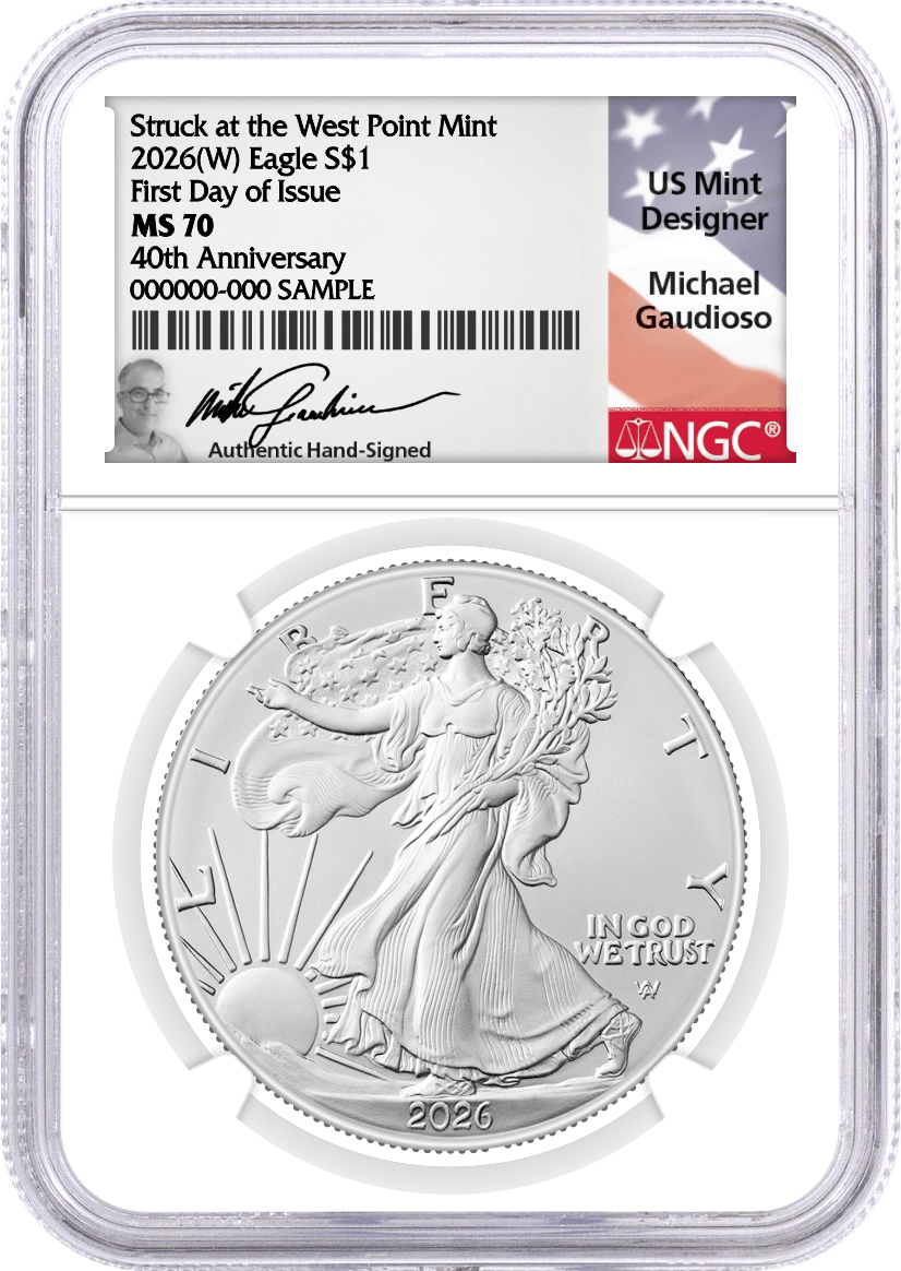 2026 (W) $1 1 oz Silver Eagle Struck at West Point NGC MS70 First Day of Issue Gaudioso Signed Flag Label