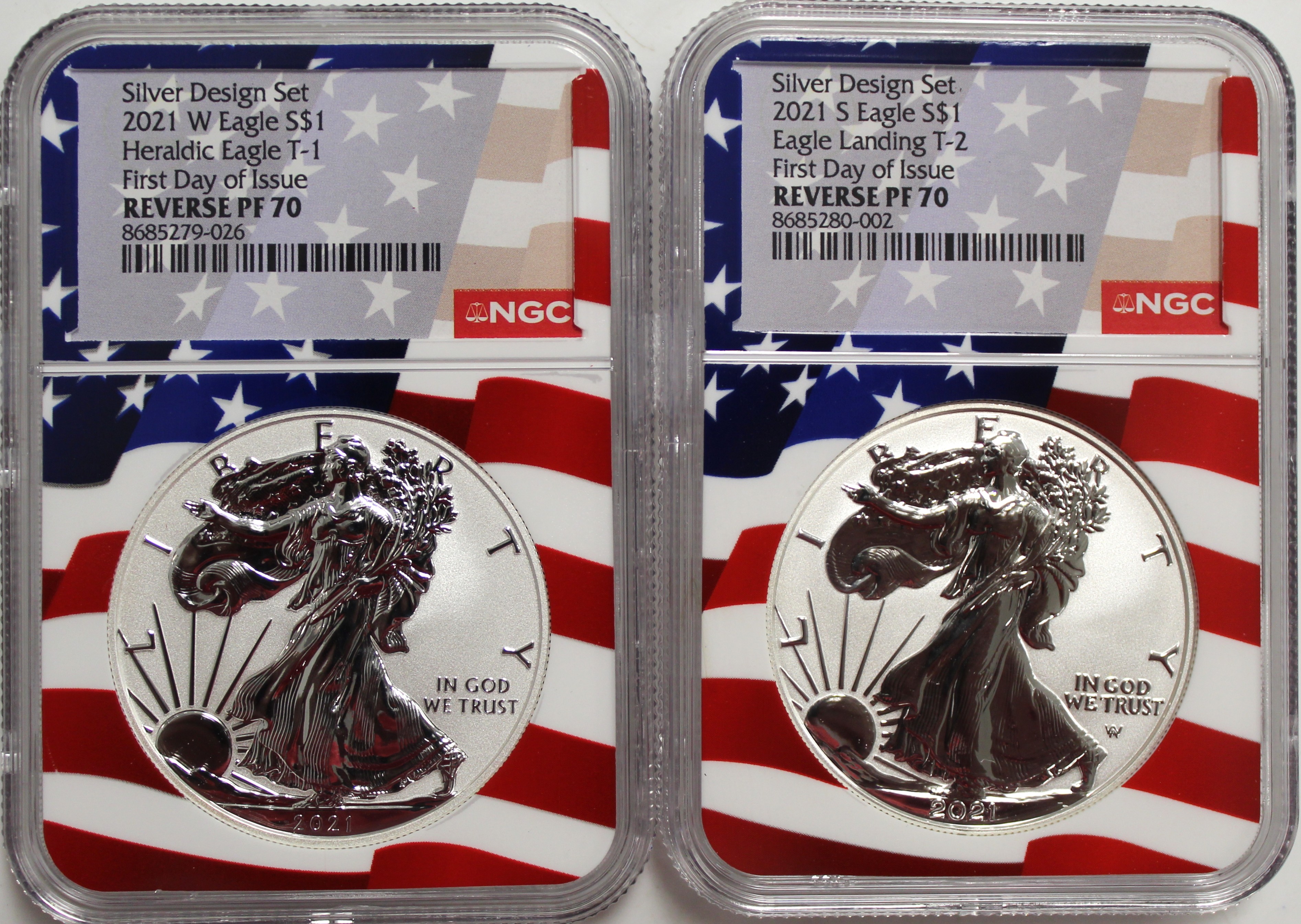 2021 WS $1 Silver Eagle T-1 & T-2 Reverse Proof 2-Coin Silver Design Set NGC Reverse PF70 First Day of Issue Flag Label and Core