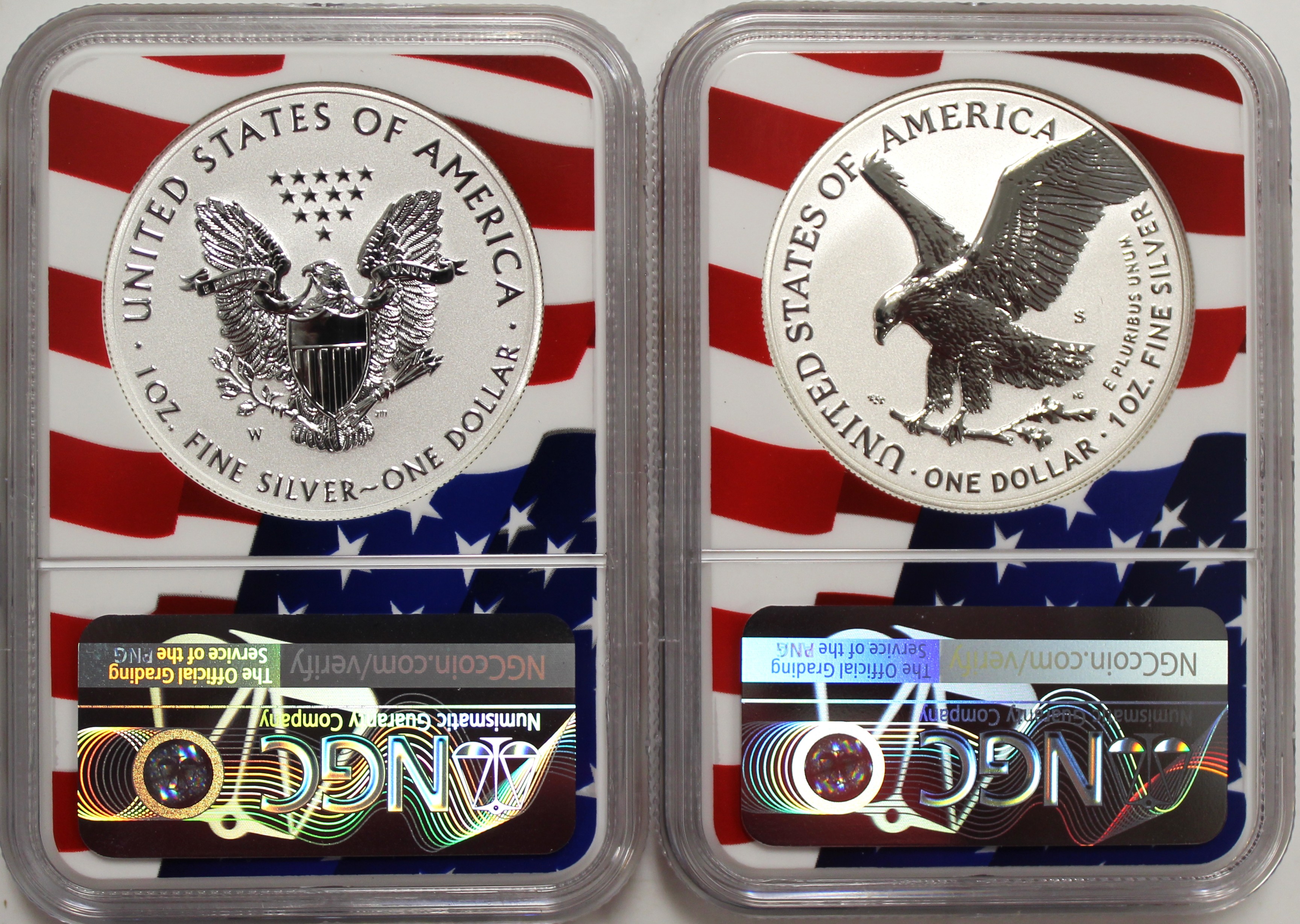 2021 WS $1 Silver Eagle T-1 & T-2 Reverse Proof 2-Coin Silver Design Set NGC Reverse PF70 First Day of Issue Flag Label and Core