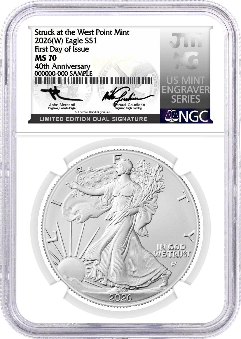 2026 (W) $1 1 oz Silver Eagle Struck at West Point NGC MS70 First Day of Issue Mercanti/Gaudioso Signed Limited Edition Dual Signature U.S. Mint Engraver Series