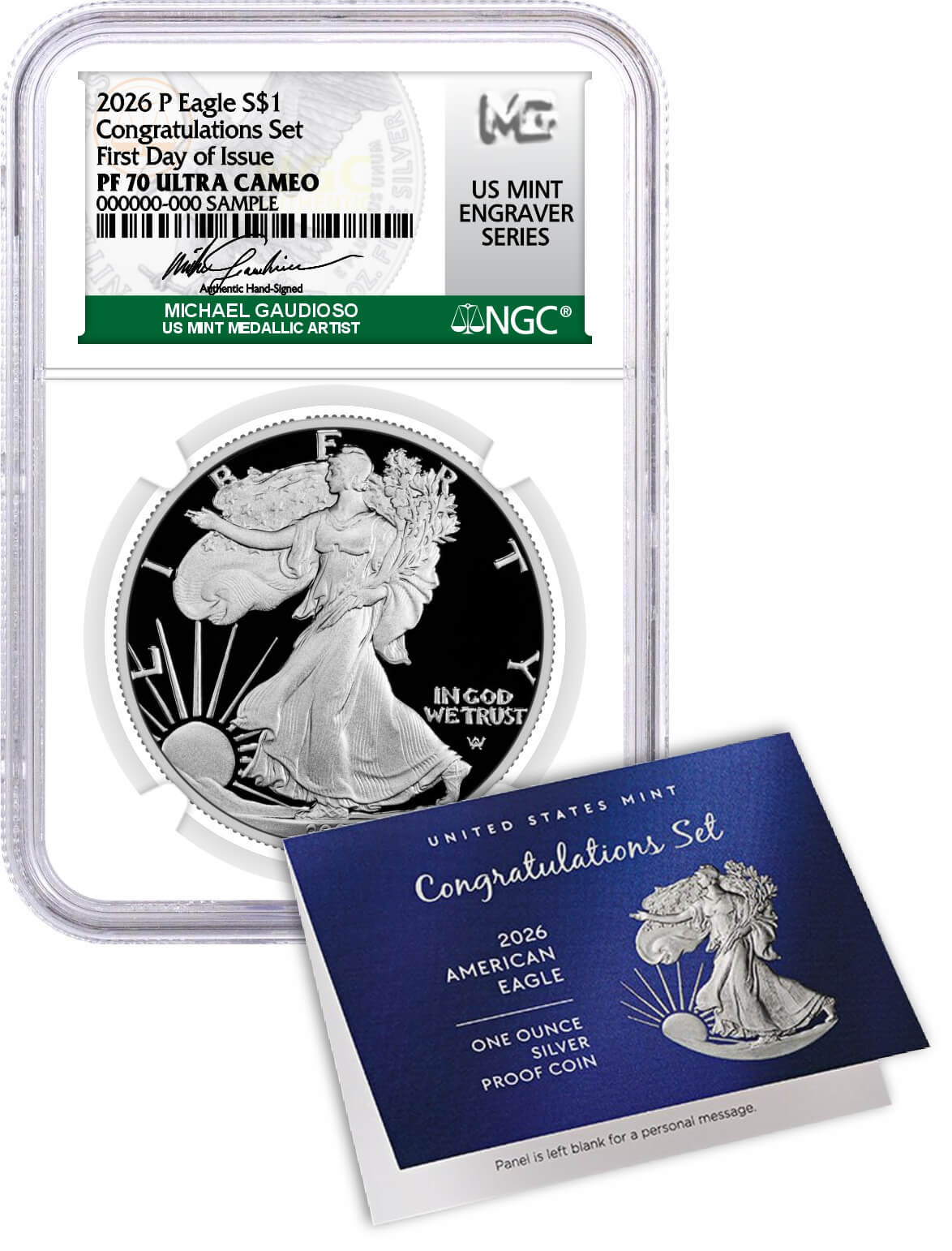 2026 P $1 1oz Proof Silver Eagle Congratulations Set NGC PF70 UCAM First Day of Issue Gaudioso Signed U.S. Mint Engraver Series