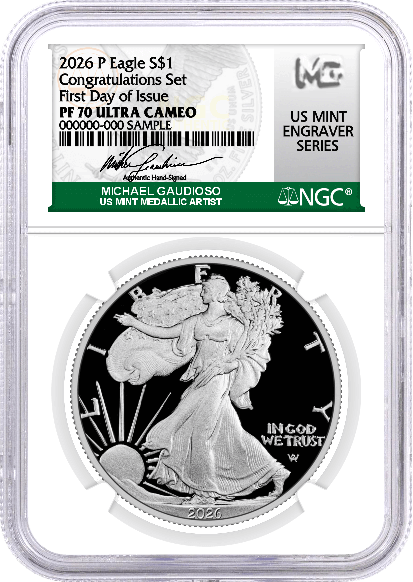 2026 P $1 1oz Proof Silver Eagle Congratulations Set NGC PF70 UCAM First Day of Issue Gaudioso Signed U.S. Mint Engraver Series