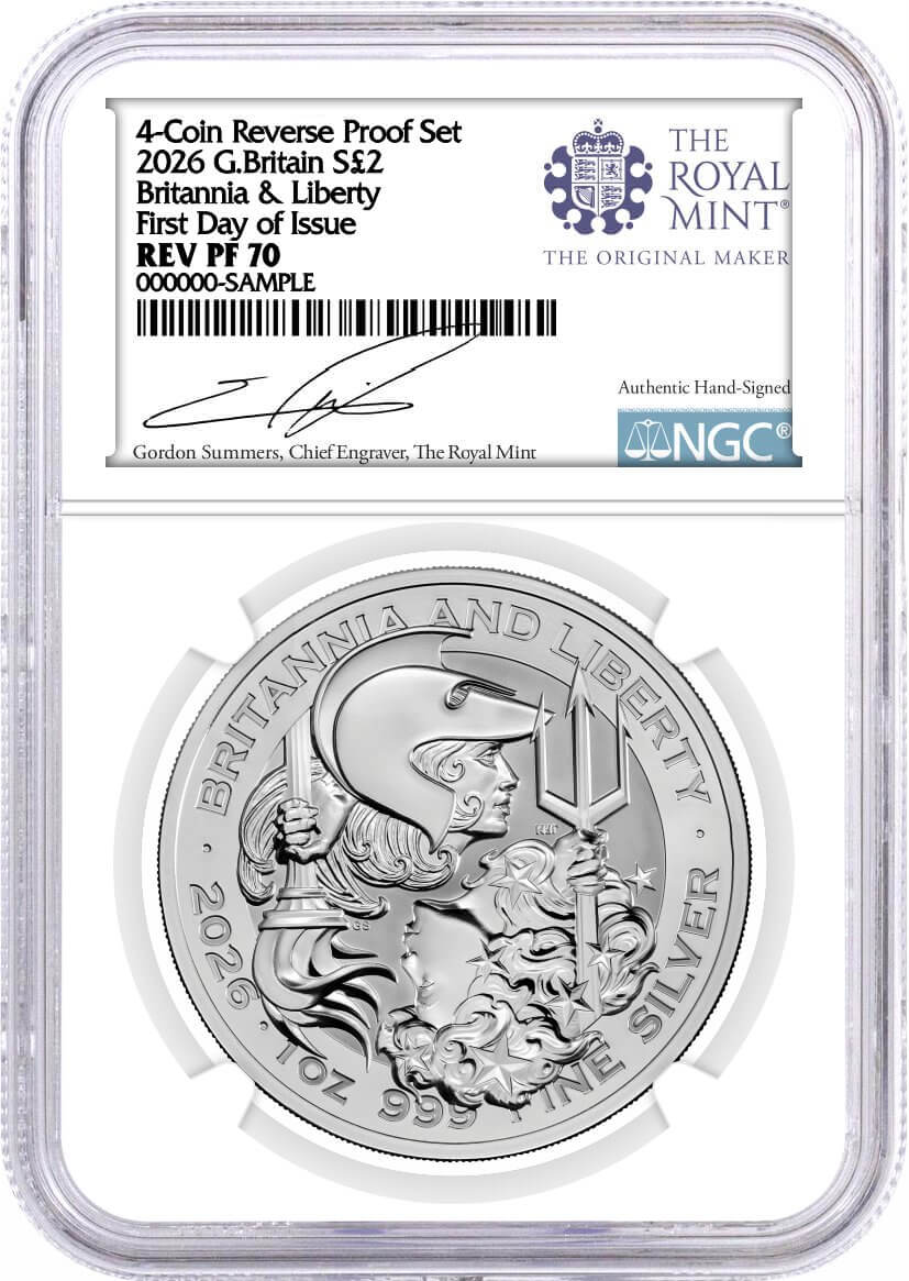 2026 G. Britain Silver Britannia & Liberty 4-Coin Fractional Set NGC REVERSE PF70 First Day of Issue Summers Signed Royal Mint Label with OGP