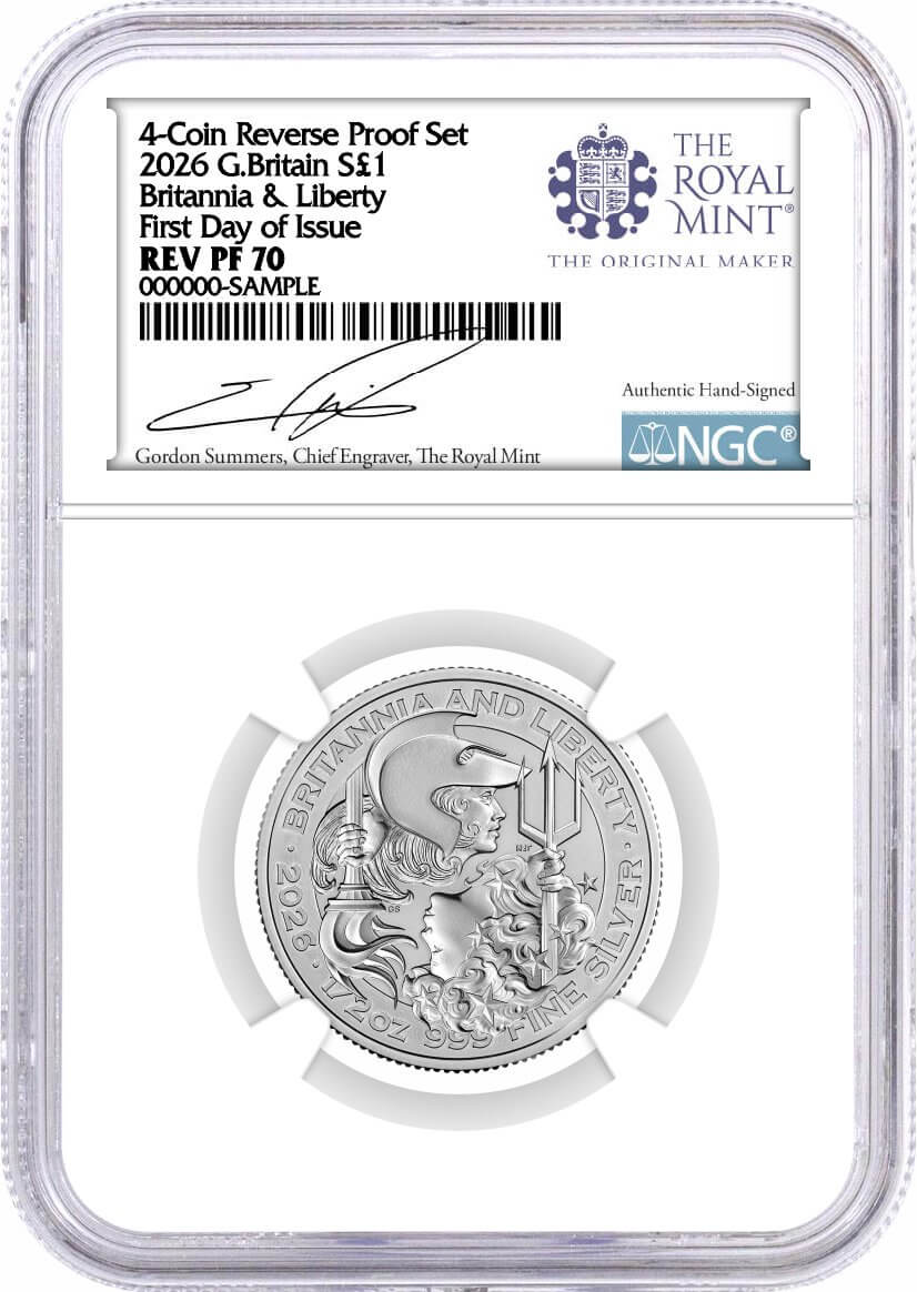 2026 G. Britain Silver Britannia & Liberty 4-Coin Fractional Set NGC REVERSE PF70 First Day of Issue Summers Signed Royal Mint Label with OGP