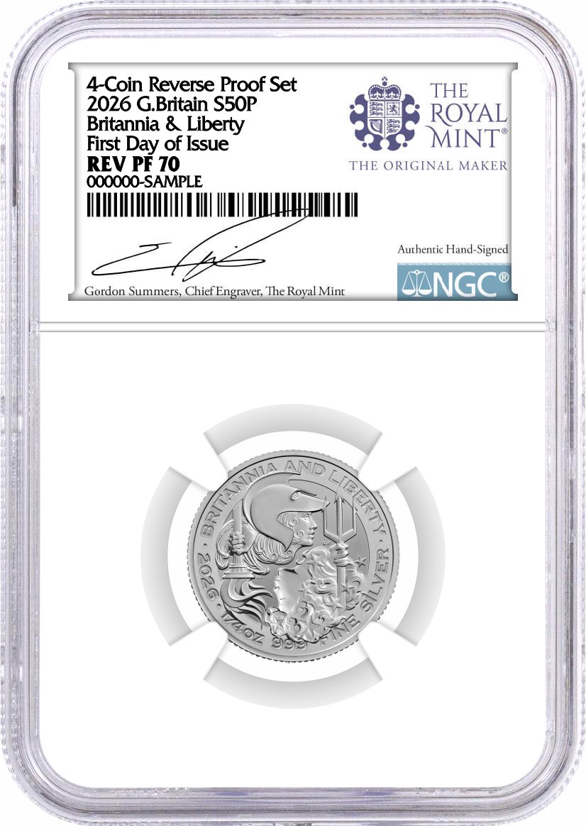 2026 G. Britain Silver Britannia & Liberty 4-Coin Fractional Set NGC REVERSE PF70 First Day of Issue Summers Signed Royal Mint Label with OGP