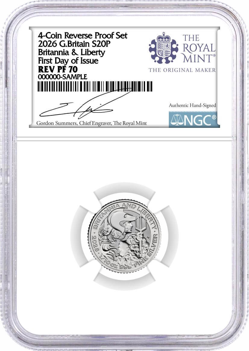 2026 G. Britain Silver Britannia & Liberty 4-Coin Fractional Set NGC REVERSE PF70 First Day of Issue Summers Signed Royal Mint Label with OGP
