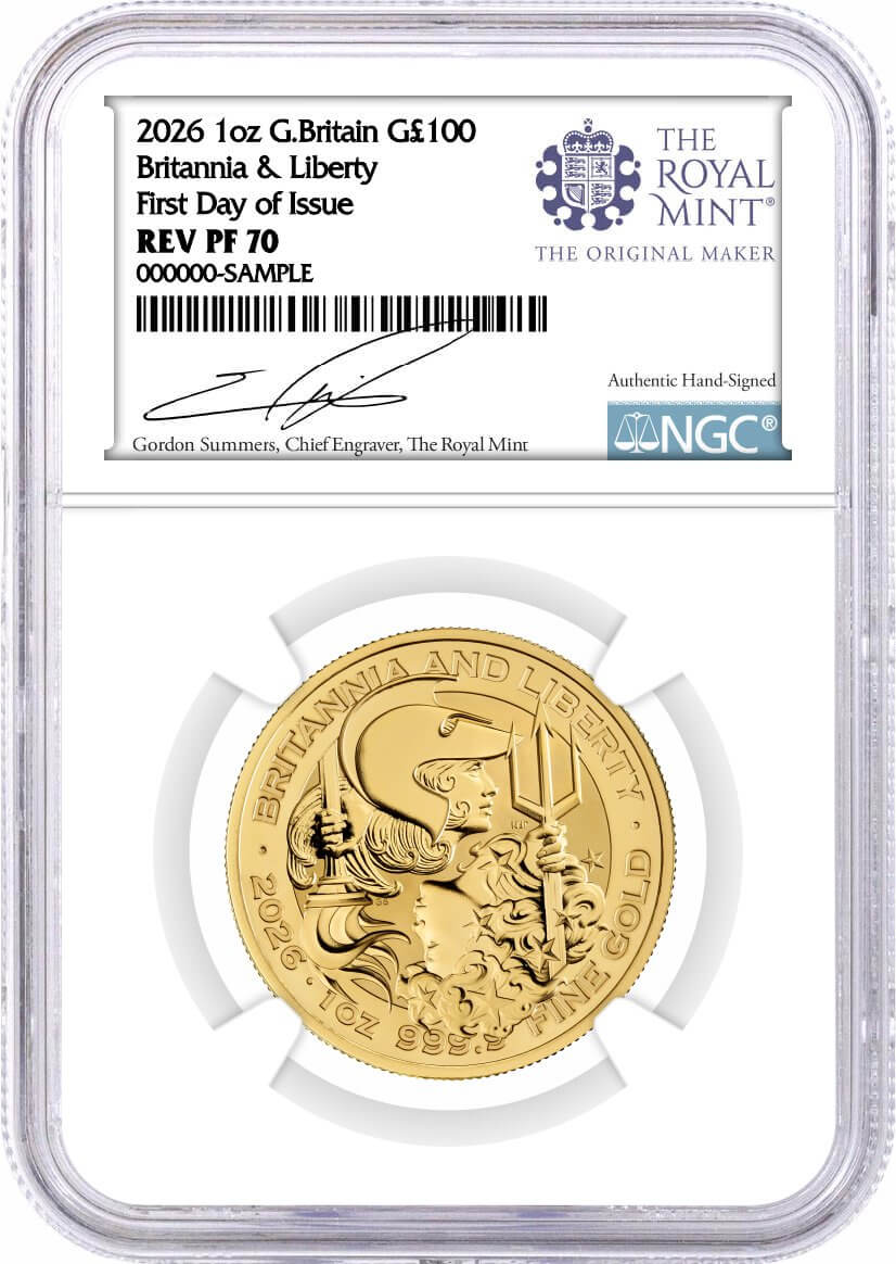 2026 G. Britain 1 oz 24K Gold Britannia & Liberty NGC REVERSE PF70 First Day of Issue Summers Signed Royal Mint Label with OGP
