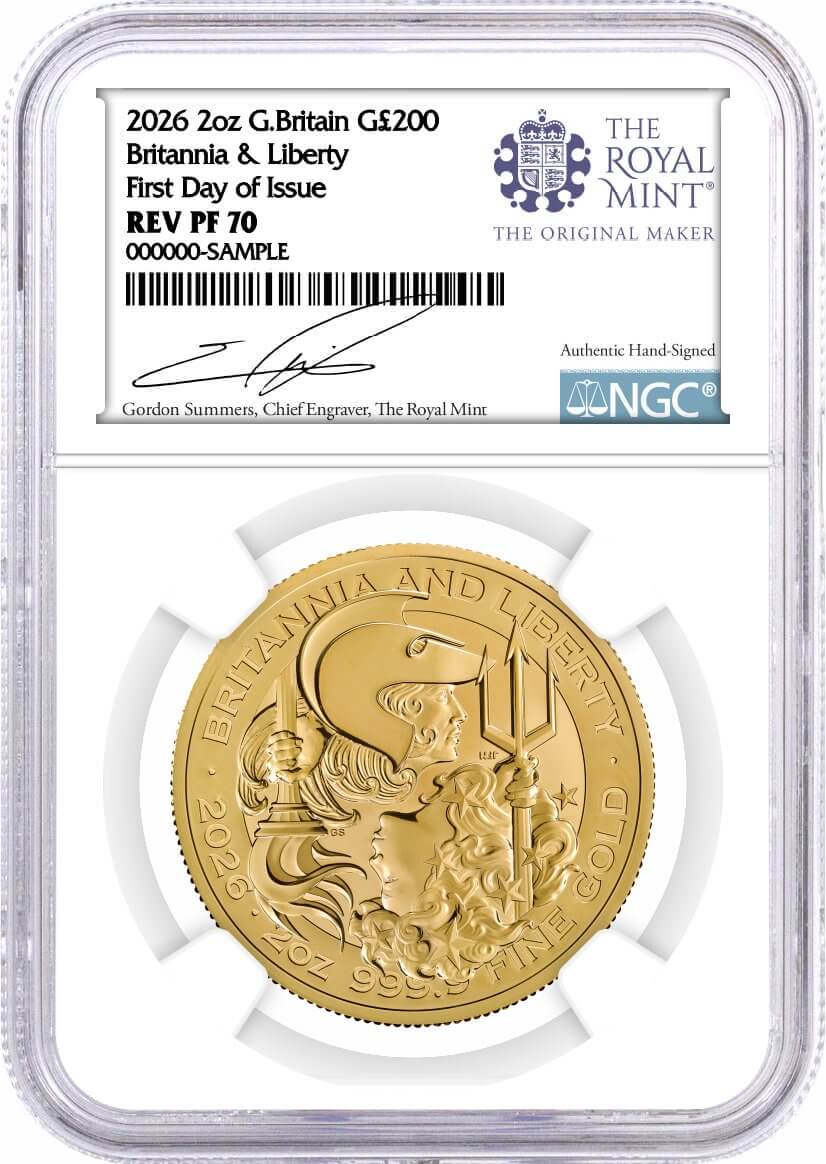 2026 G. Britain 2 oz 24K Gold Britannia & Liberty NGC REVERSE PF70 First Day of Issue Summers Signed Royal Mint Label with OGP