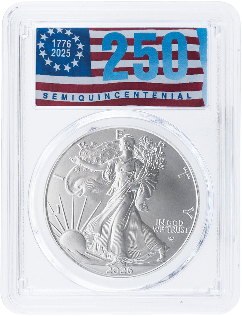 2026 $1 1 oz Silver Eagle 40th Anniversary PCGS MS70 First Day of Issue 250th Anniversary Flag Label