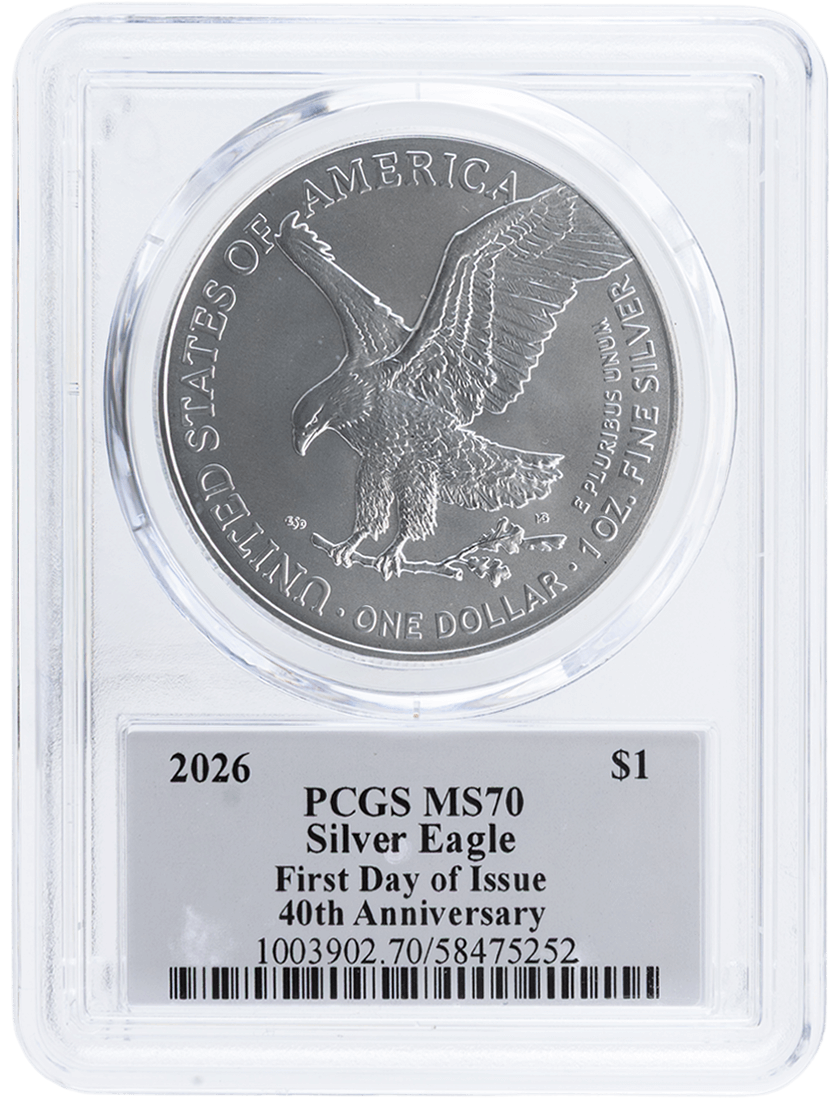 2026 $1 1 oz Silver Eagle 40th Anniversary PCGS MS70 First Day of Issue 250th Anniversary Flag Label