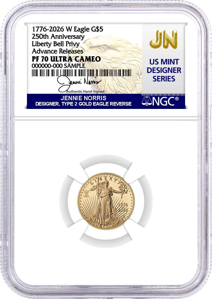 1776-2026 W $5 1/10 oz 250th Anniversary Liberty Bell Privy Proof Gold Eagle NGC PF70 Ultra Cameo Advance Releases Norris Signed U.S. Mint Designer Series