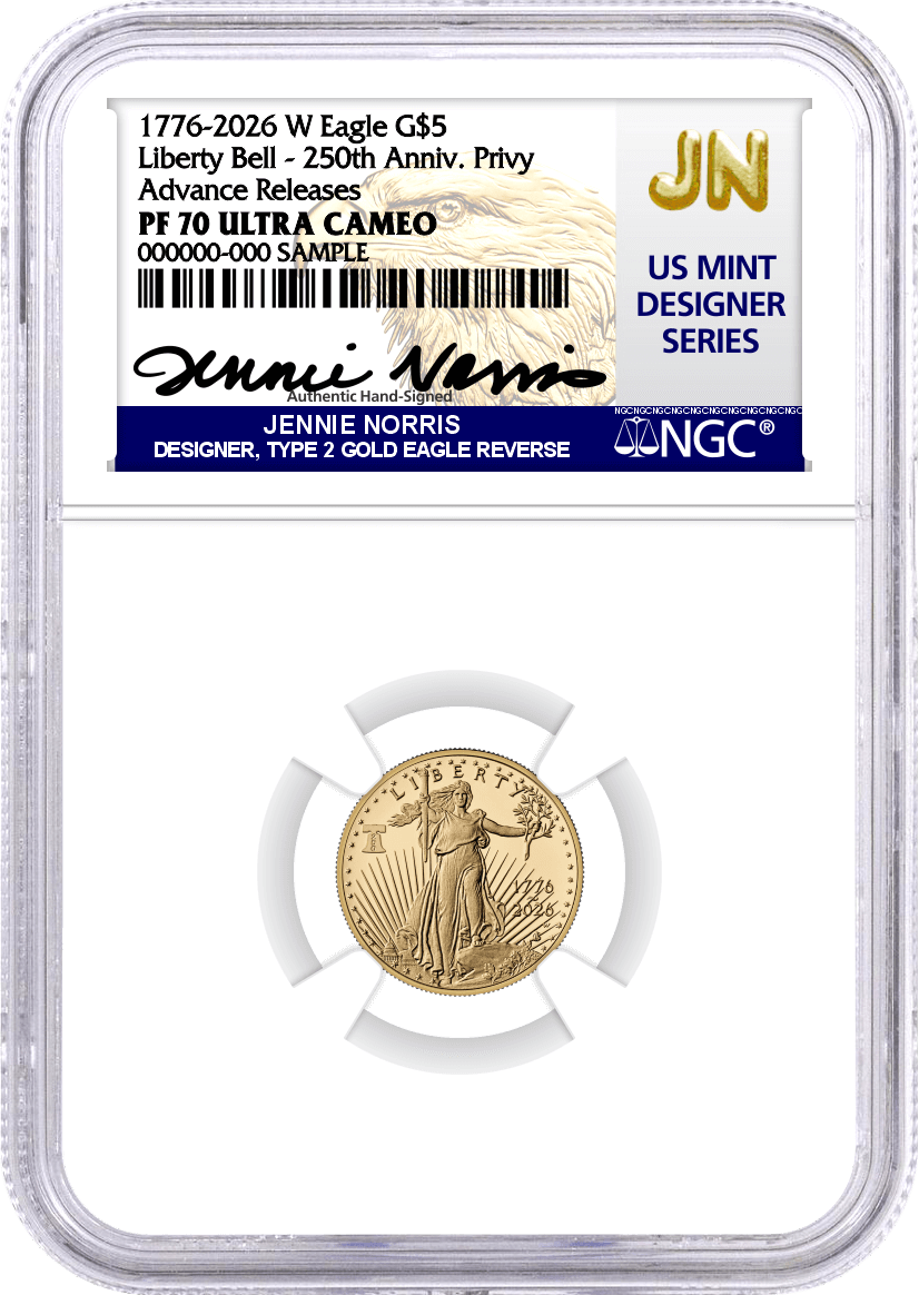1776-2026 W $5 1/10 oz 250th Anniversary Liberty Bell Privy Proof Gold Eagle NGC PF70 Ultra Cameo Advance Releases Norris Signed U.S. Mint Designer Series
