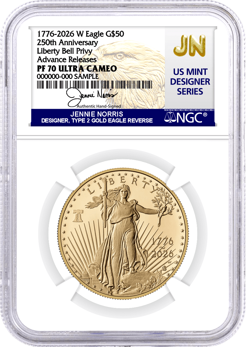 1776-2026 W $50 1 oz 250th Anniversary Liberty Bell Privy Proof Gold Eagle NGC PF70 Ultra Cameo Advance Releases Norris Signed U.S. Mint Designer Series