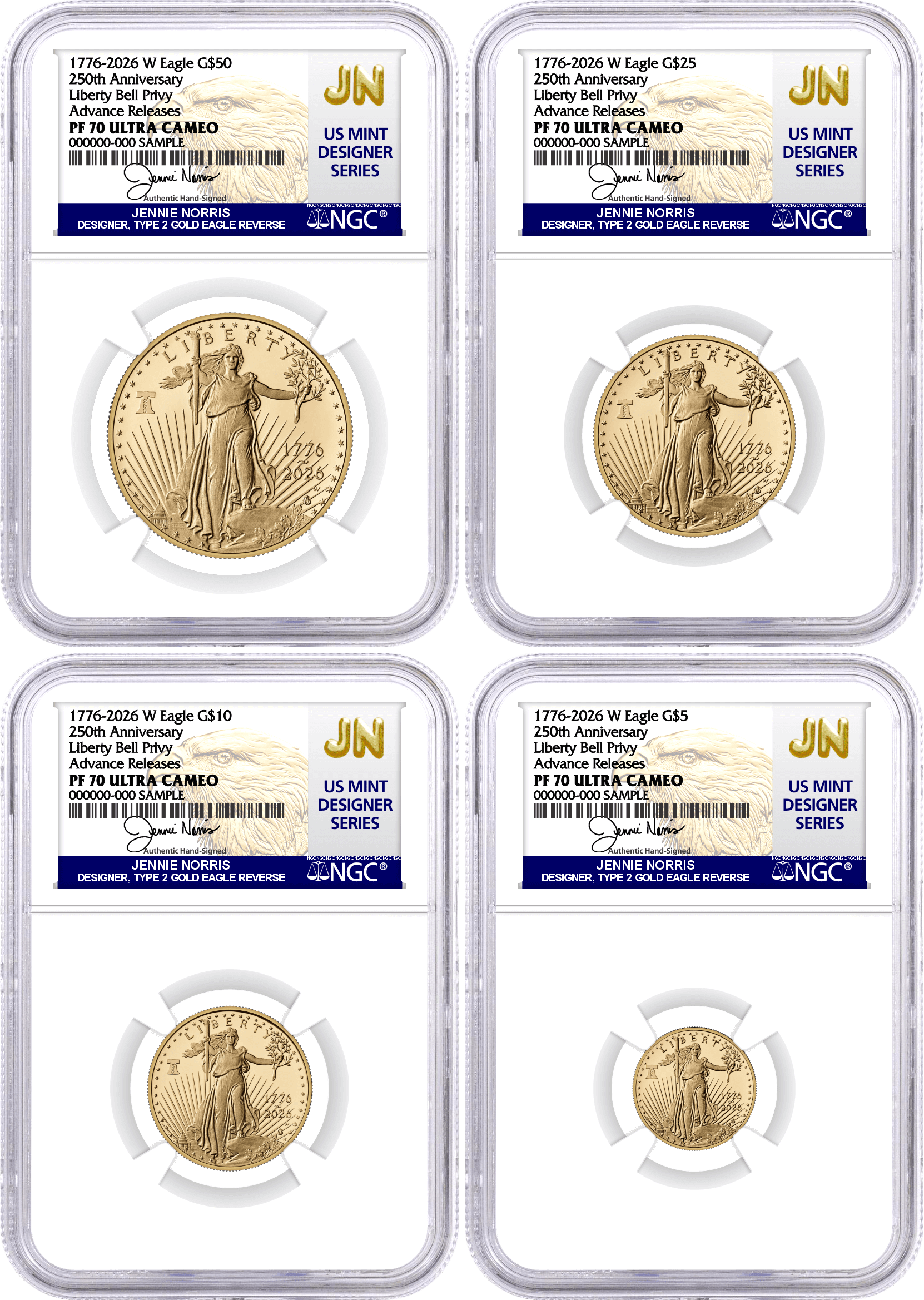 1776-2026 W 1.85 oz 250th Anniversary Liberty Bell Privy Proof Gold Eagle 4-Coin Set NGC PF70 Ultra Cameo Advance Releases Norris Signed U.S. Mint Designer Series