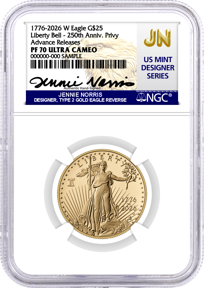 1776-2026 W $25 1/2 oz 250th Anniversary Liberty Bell Privy Proof Gold Eagle NGC PF70 Ultra Cameo Advance Releases Norris Signed U.S. Mint Designer Series