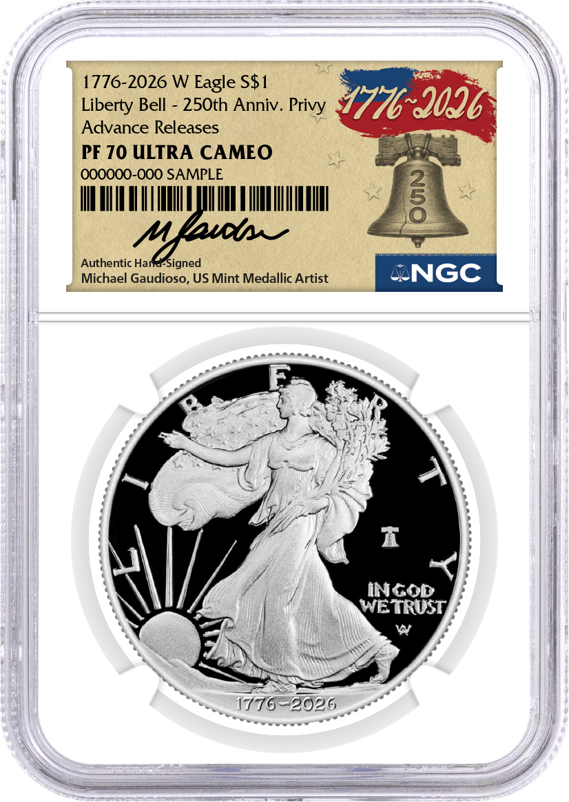 1776-2026 W $1 1 oz 250th Anniversary Liberty Bell Privy Proof Silver Eagle NGC PF70 UCAM Advance Releases Gaudioso Signed 1776 Freedom Label
