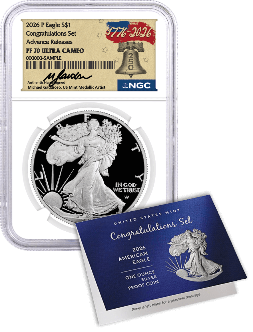 2026 P $1 1oz Proof Silver Eagle Congratulations Set NGC PF70 UCAM Advance Releases Gaudioso Signed 1776 Freedom Label
