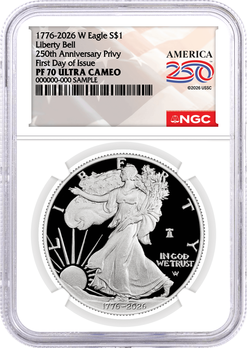 1776-2026 W $1 1 oz 250th Anniversary Liberty Bell Privy Proof Silver Eagle NGC PF70 Ultra Cameo First Day of Issue America250 Label