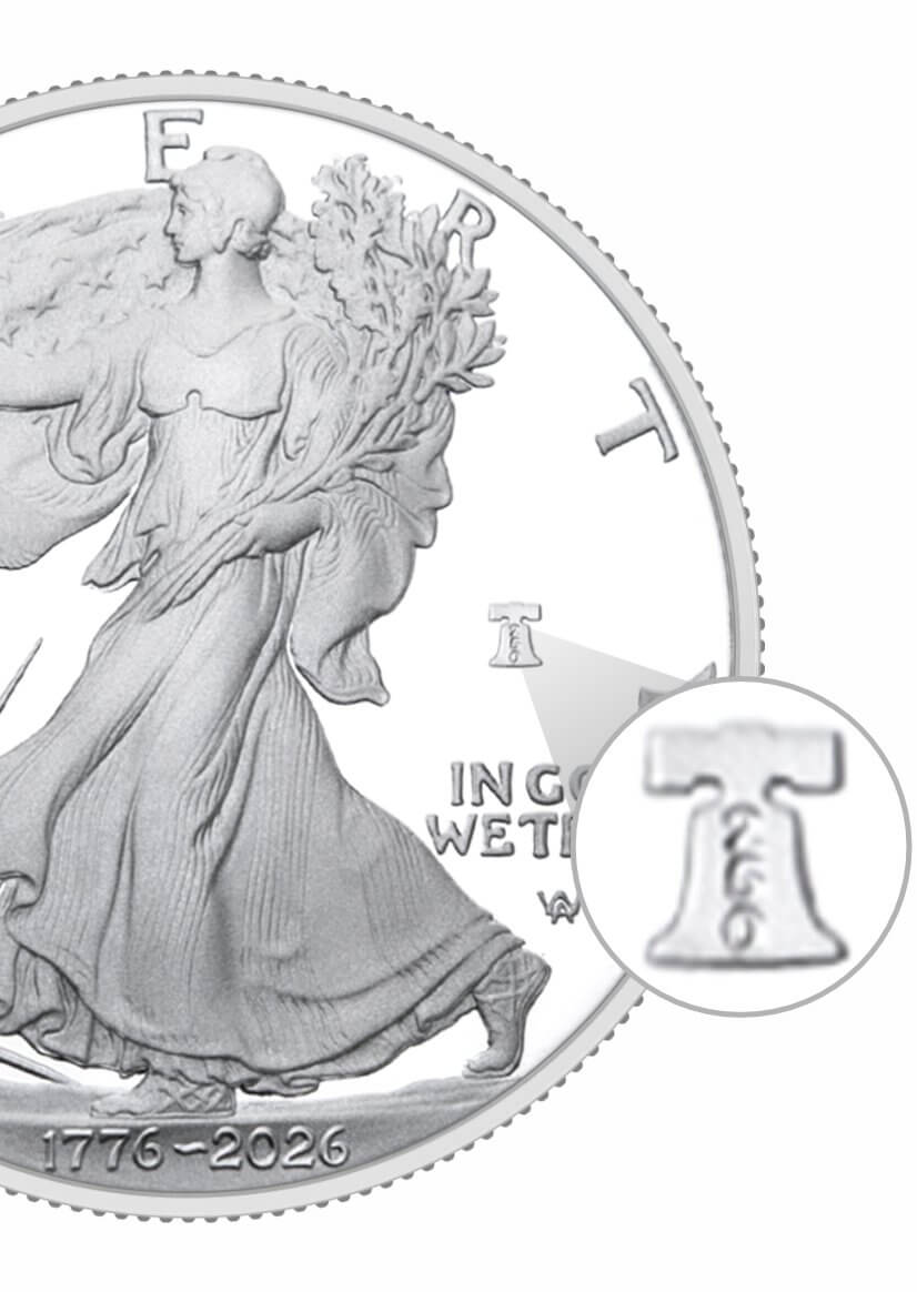 1776-2026 W $1 1 oz Proof Silver Eagle with 250th Anniversary Liberty Bell Privy in OGP