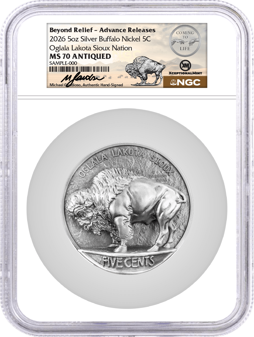 2026 5C 5 oz Buffalo Nickel Coming To Life NGC MS70 Antiqued Advance Releases Gaudioso Signed X-Mint Label