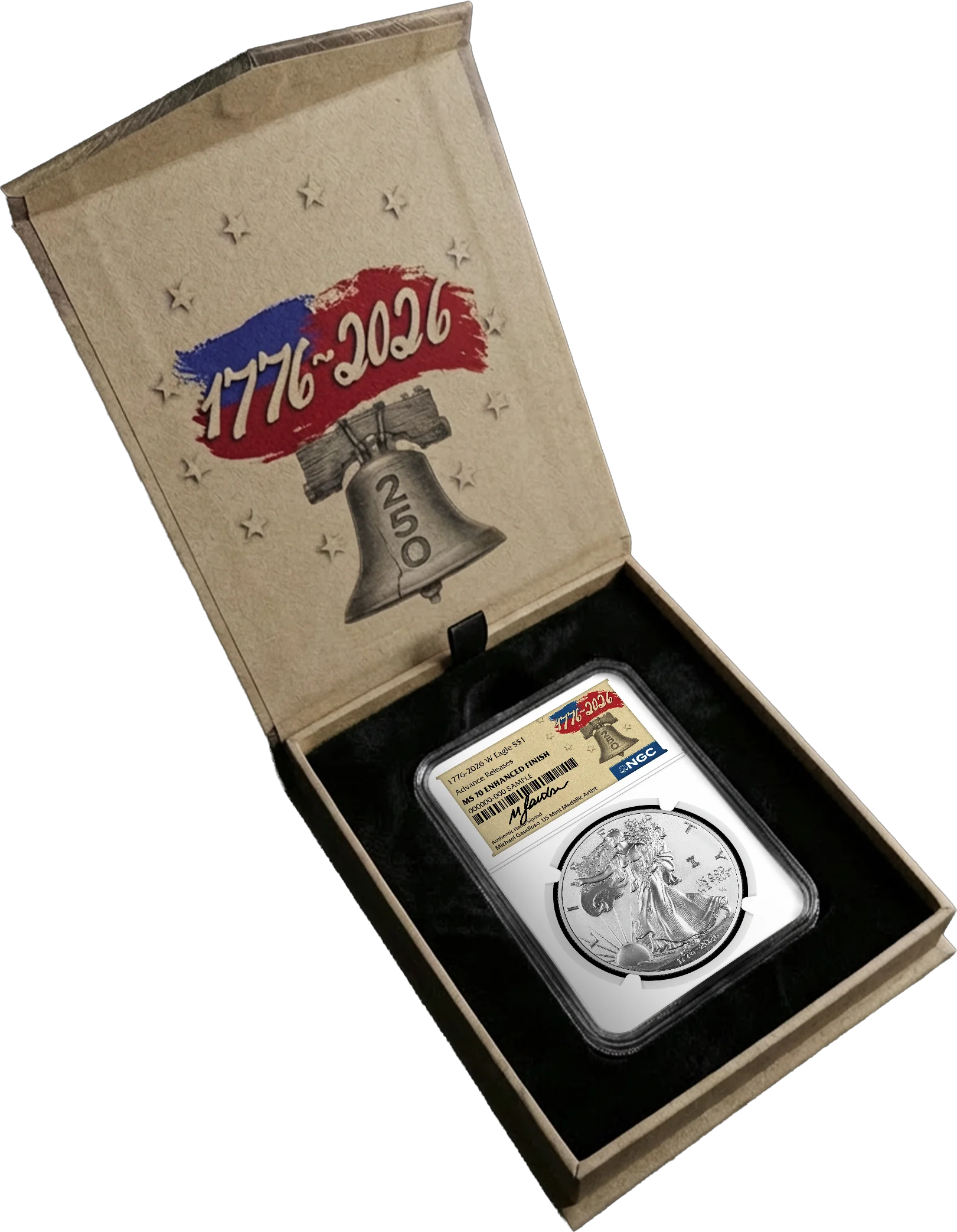 1776-2026 W $1 1 oz 250th Anniversary Liberty Bell Privy Enhanced Uncirculated Silver Eagle NGC MS70 Advance Releases Gaudioso Signed 1776 Freedom Label with Bonus 1776 Display Case