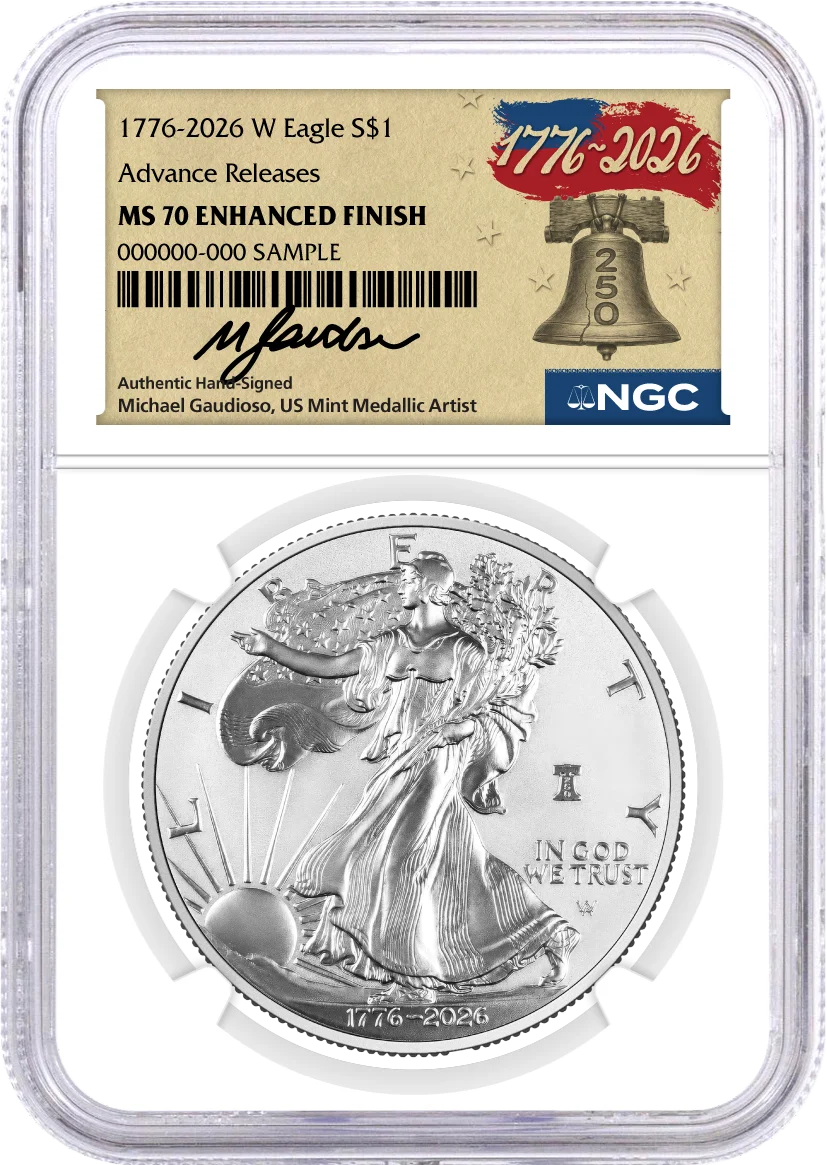 1776-2026 W $1 1 oz 250th Anniversary Liberty Bell Privy Enhanced Uncirculated Silver Eagle NGC MS70 Advance Releases Gaudioso Signed 1776 Freedom Label with Bonus 1776 Display Case