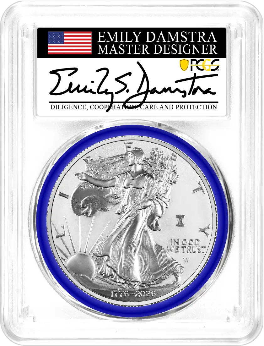 1776-2026 W $1 1 oz 250th Anniversary Liberty Bell Privy Enhanced Uncirculated Silver Eagle PCGS SP70 Advanced Release Damstra Signed Mint Designer Series with Bonus 1776 Display Case