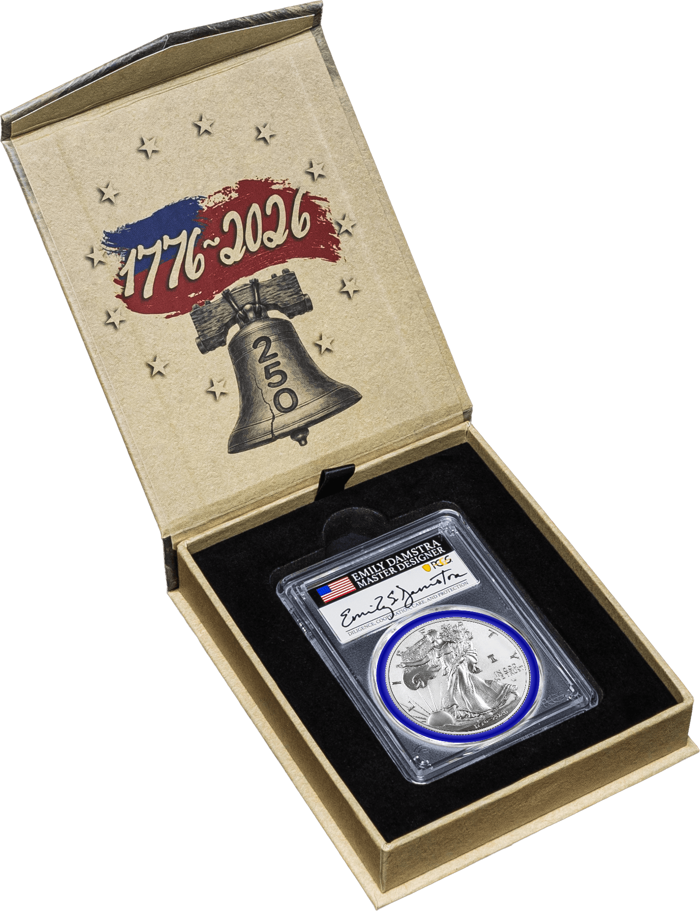 1776-2026 W $1 1 oz 250th Anniversary Liberty Bell Privy Enhanced Uncirculated Silver Eagle PCGS SP70 Advanced Release Damstra Signed Mint Designer Series with Bonus 1776 Display Case
