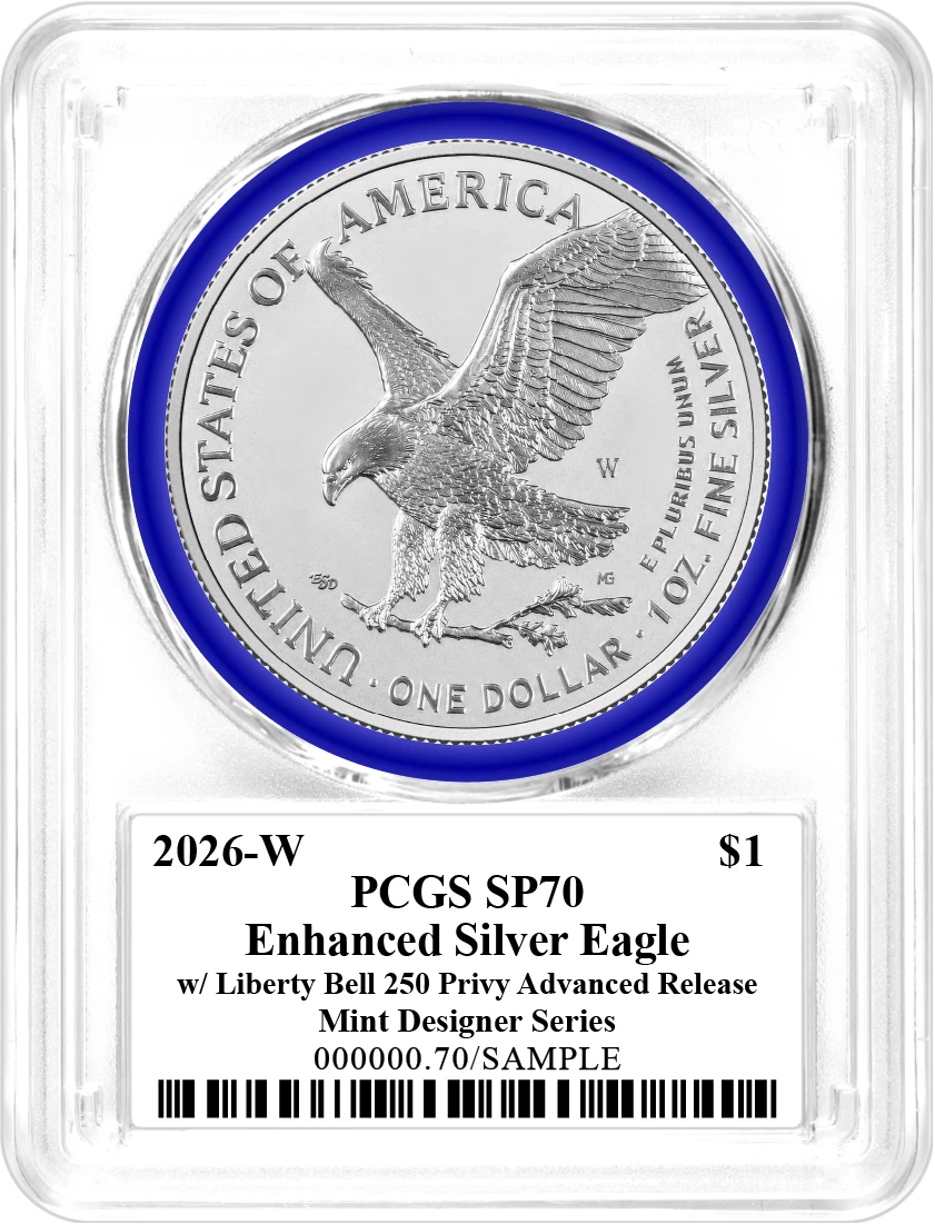 1776-2026 W $1 1 oz 250th Anniversary Liberty Bell Privy Enhanced Uncirculated Silver Eagle PCGS SP70 Advanced Release Damstra Signed Mint Designer Series with Bonus 1776 Display Case