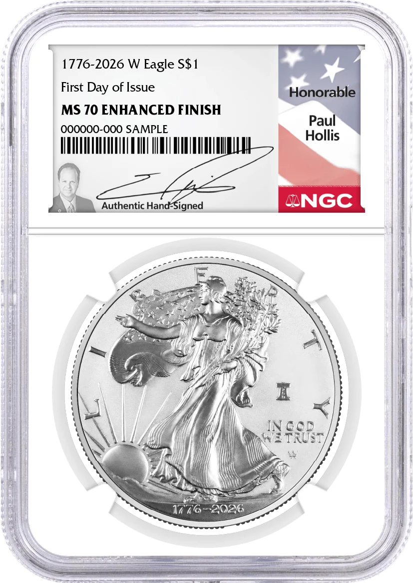 1776-2026 W $1 1 oz 250th Anniversary Liberty Bell Privy Enhanced Uncirculated Silver Eagle NGC MS70 First Day of Issue Hollis Signed Flag Label with Bonus 1776 Display Case