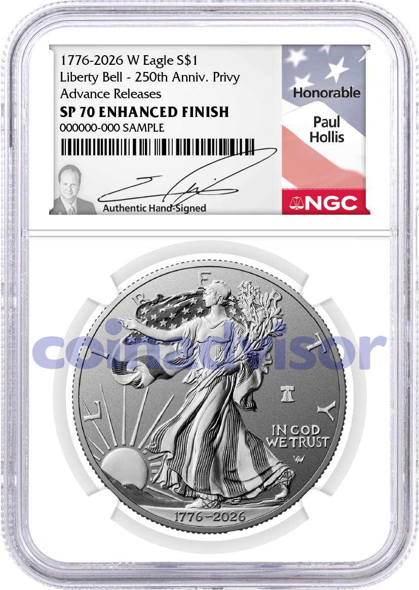 1776-2026 W $1 1 oz 250th Anniversary Liberty Bell Privy Enhanced Uncirculated Silver Eagle NGC SP70 Advance Releases Hollis Signed Flag Label