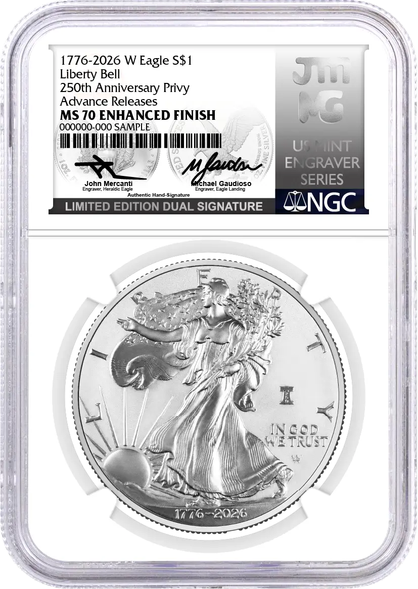 1776-2026 W $1 1 oz 250th Anniversary Liberty Bell Privy Enhanced Uncirculated Silver Eagle NGC MS70 Advance Releases Mercanti/Gaudioso Signed Limited Edition Dual Signature U.S. Mint Engraver Series with Bonus 1776 Display Case