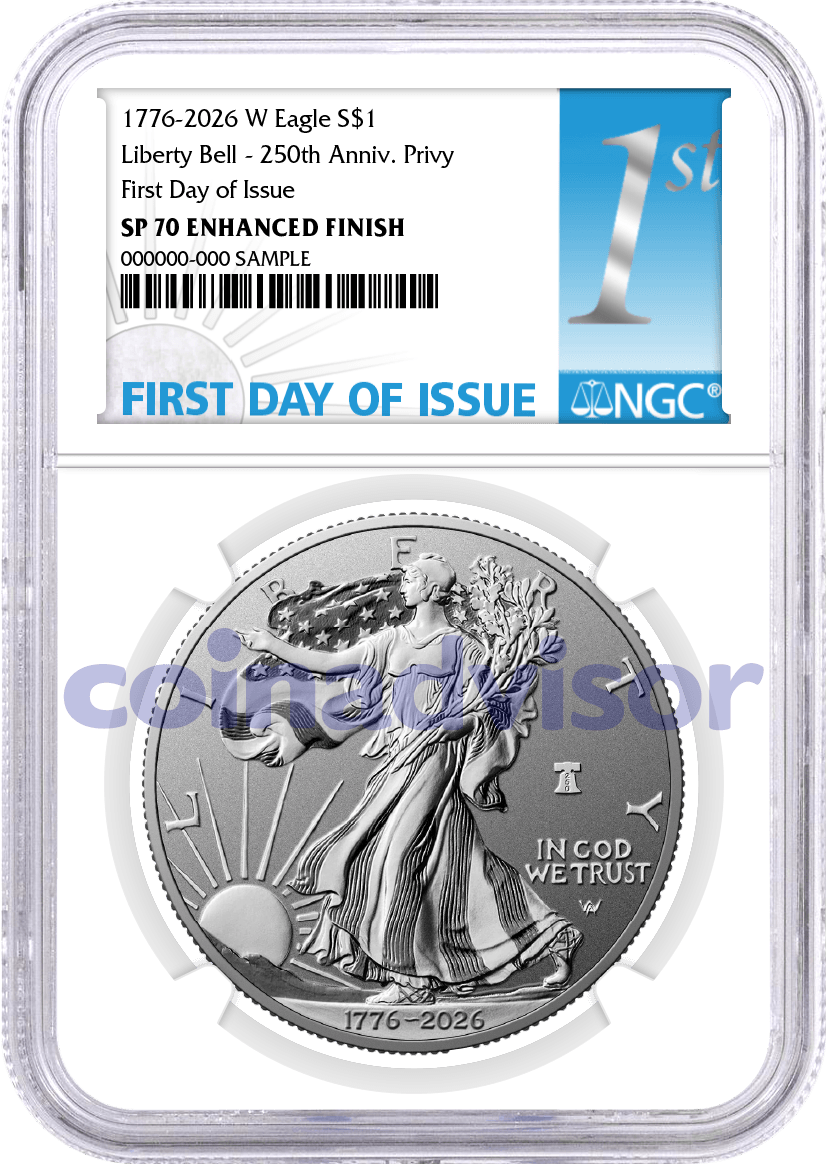 1776-2026 W $1 1 oz 250th Anniversary Liberty Bell Privy Enhanced Uncirculated Silver Eagle NGC SP70 First Day of Issue 1st Label