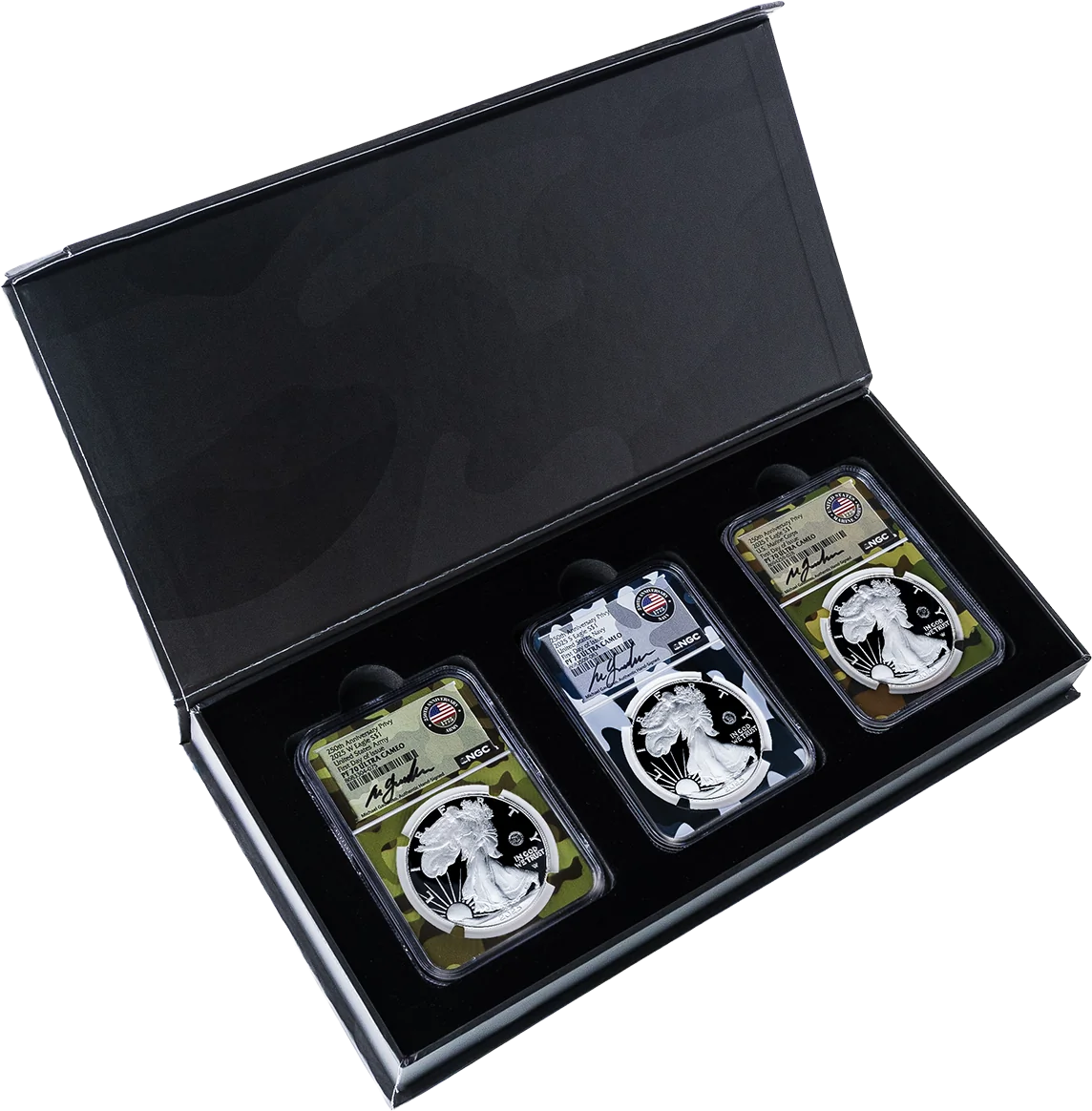 2025 WSP $1 1 oz  Proof Silver Eagle Army Navy Marine Corps Privy 3-Coin Set NGC PF70 UCAM First Day of Issue Gaudioso Signed Camo Core with 1775 Display Case