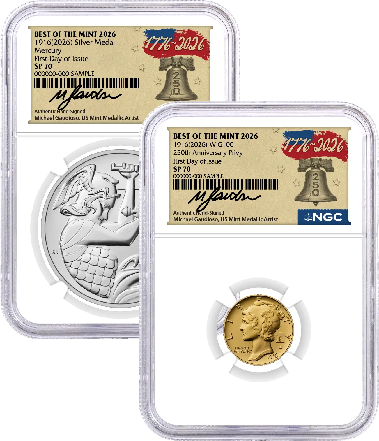 1916(2026) W 10C 24K Gold Mercury Dime with Liberty Bell Privy + Companion Silver Medal Best of the Mint NGC SP70 FDOI Gaudioso Signed 1776 Freedom Label with Bonus 1776 2-Coin Display Case
